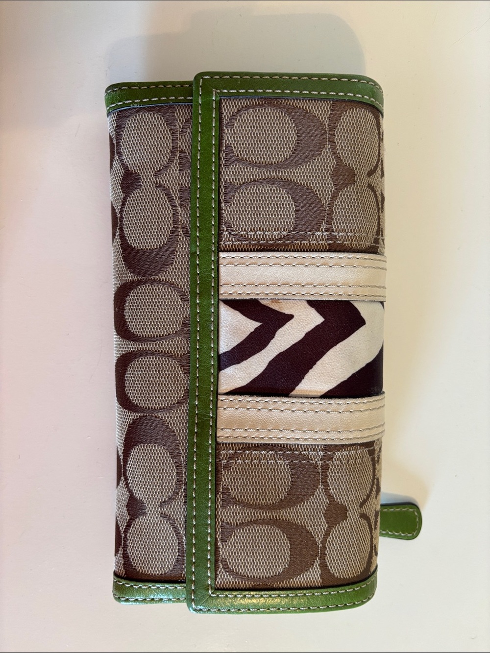 Coach Signature Canvas Trifold Wallet with Green Trim